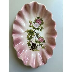 Vintage Scalloped Serving Trinket Dish Birds Pink Coastal Tropical Vanity Tray